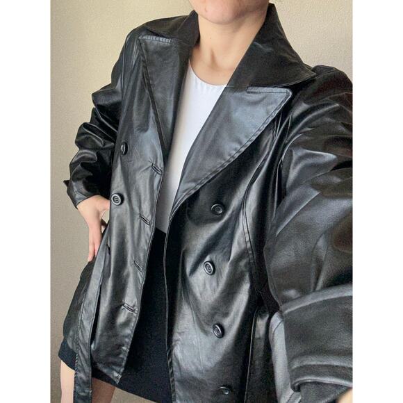 Vintage y2k 90s Jennyfer J black faux leather pleather short trench coat jacket - Picture 2 of 10